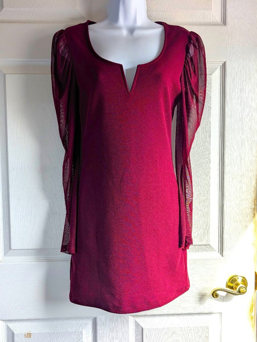 Jolie & Joy Burgundy Sheer Mesh Sleeve Mini Dress - Size Medium